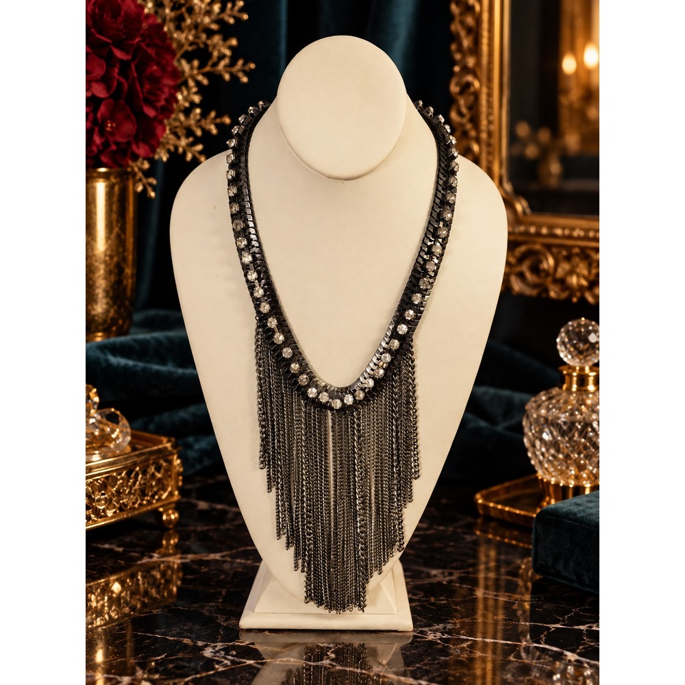 Paparazzi Fiercely 5th Avenue Gunmetal Rhinestone Fringe Statement Necklace